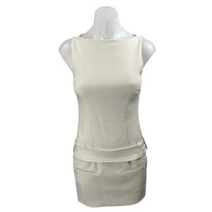Zara Ivory White Sleeveless Boat Neck Belted Mini Tank Sheath Bodycon Dress S